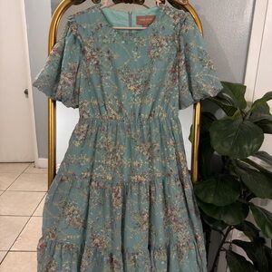 JessaKae Teal Floral Dress with Gold Embroidery